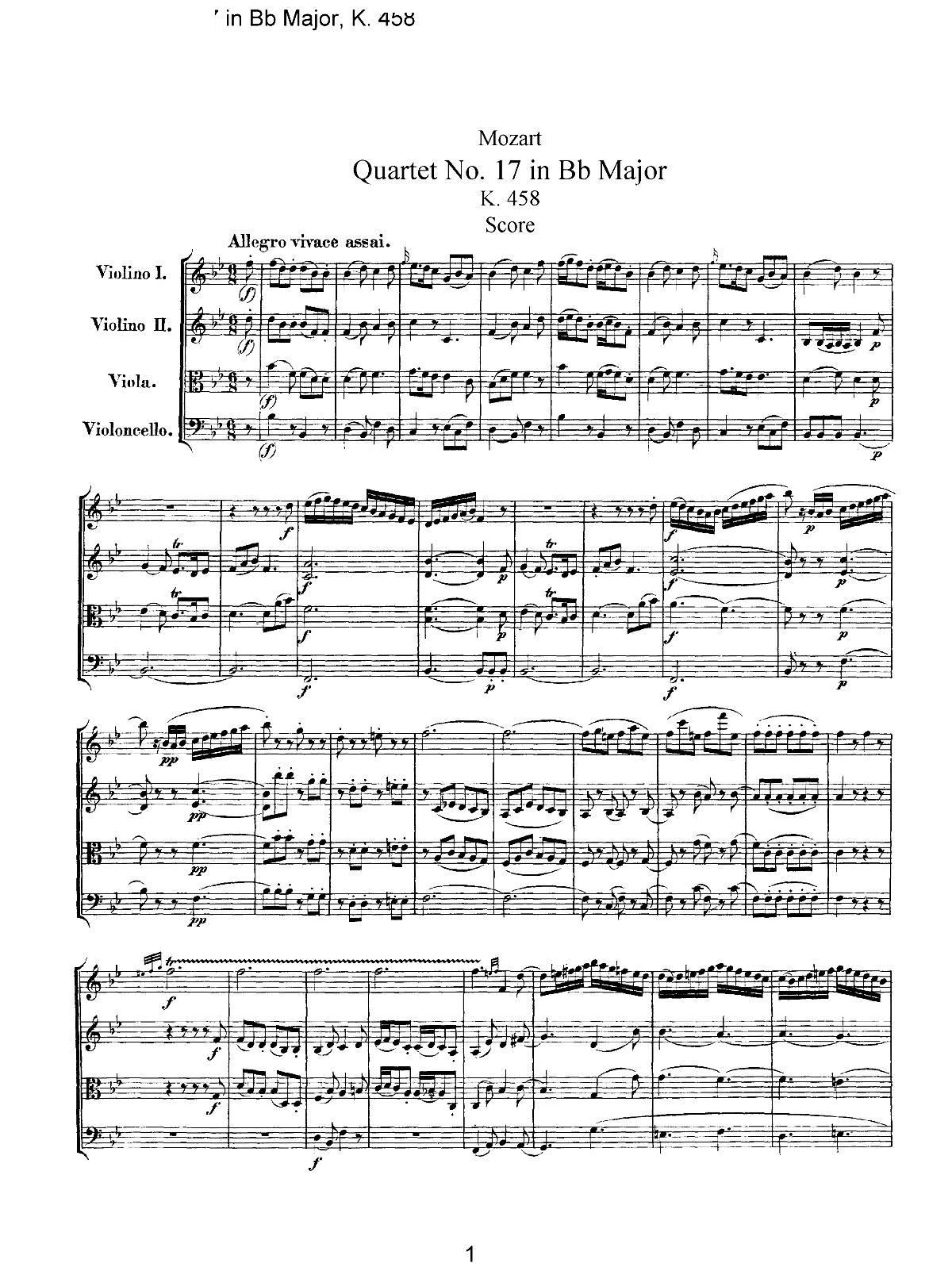 Mozart Quartet No 17 in Bb Major K 458(���V)1
