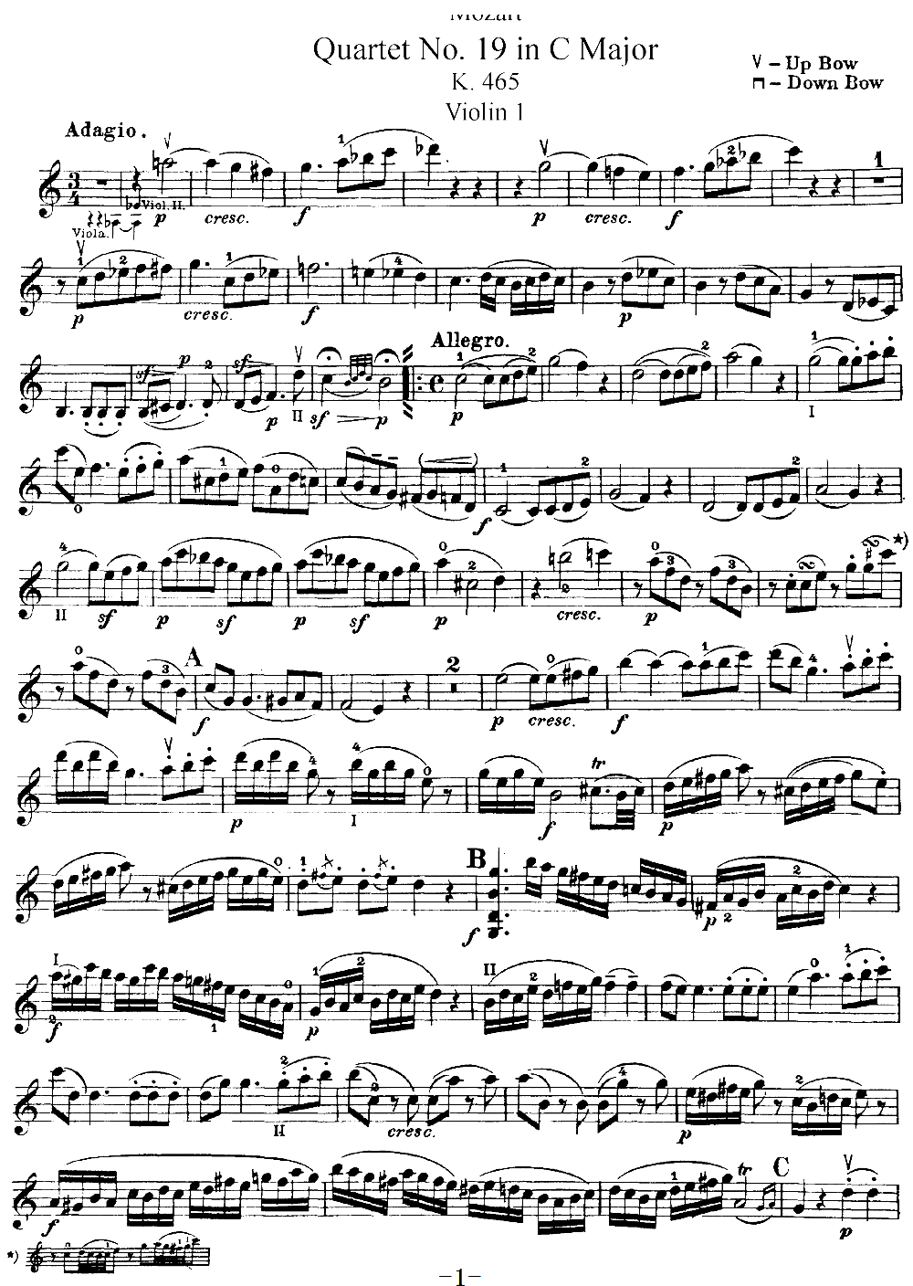 Mozart Quartet No 19 in C Major K 465 Violin 1(ʮ�ּ�����)1