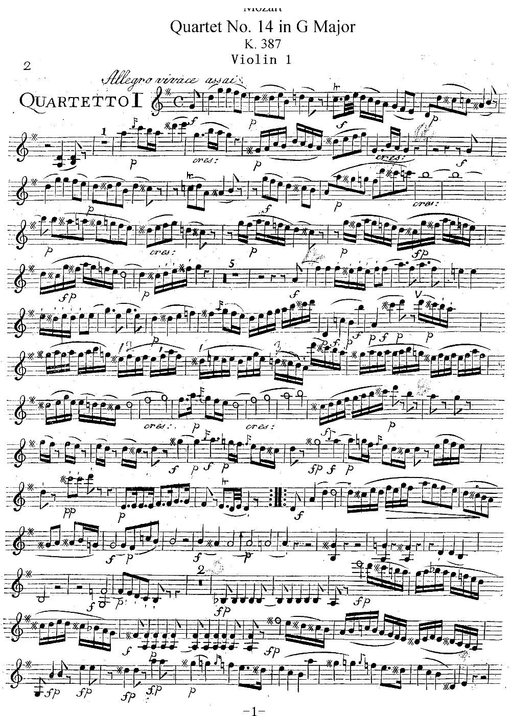 Mozart Quartet No 14 in G Major K 387 Violin 1(ʮ�ּ�����)1