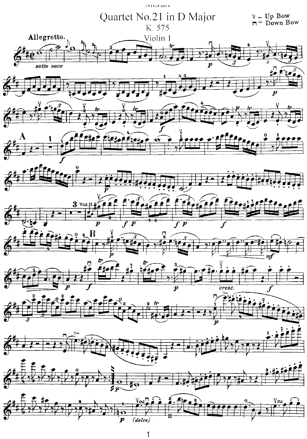 Mozart Quartet No 21 in D Major K 575 Violin 1(ʮ�ּ�����)1