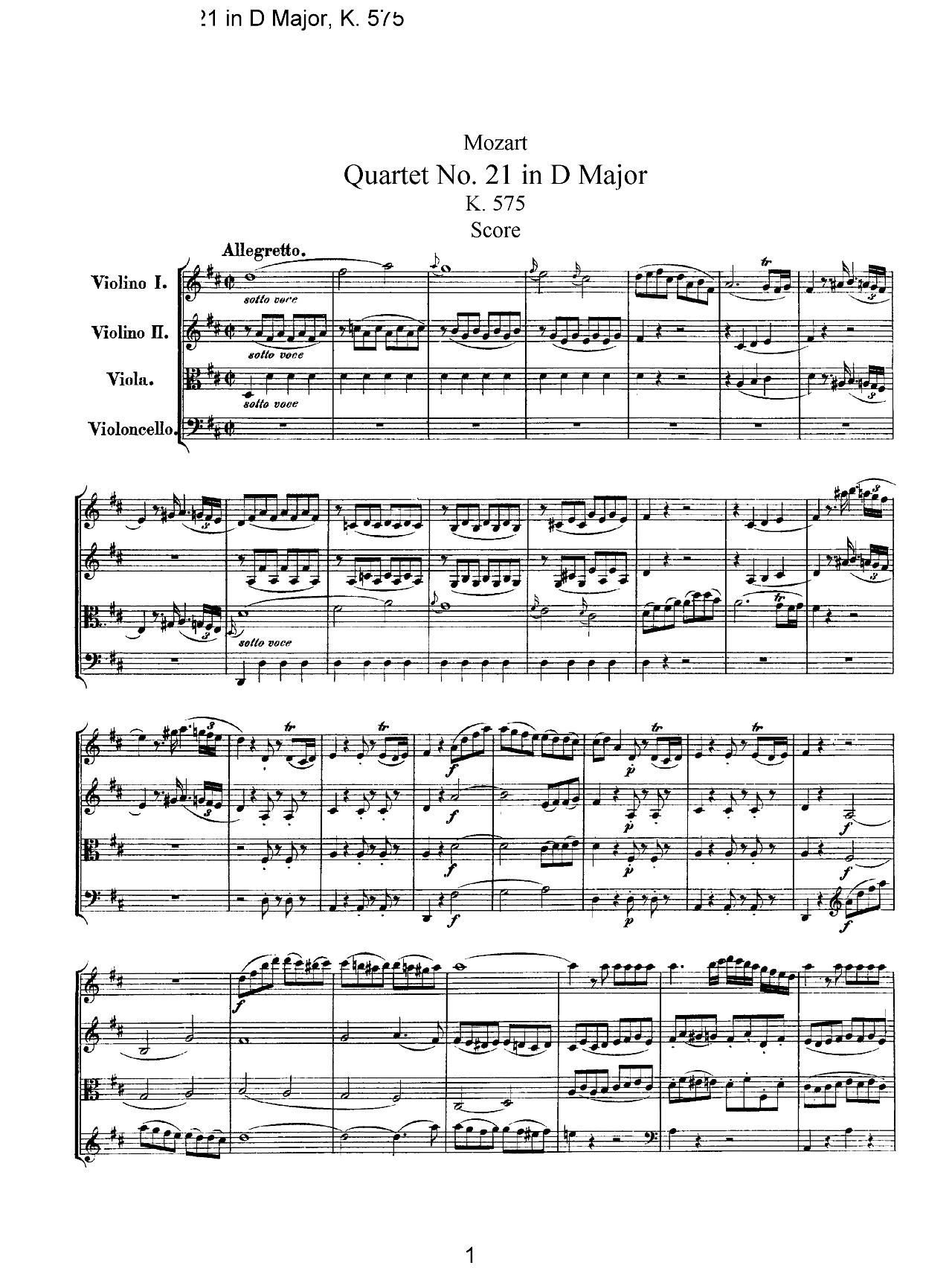 Mozart Quartet No 21 in D Major K 575(���V)1