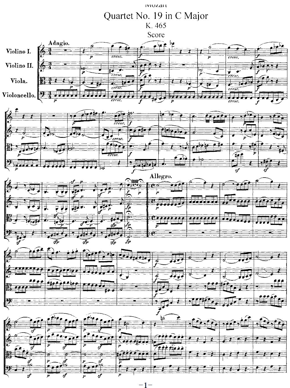 Mozart Quartet No 19 in C Major K 465(���V)1