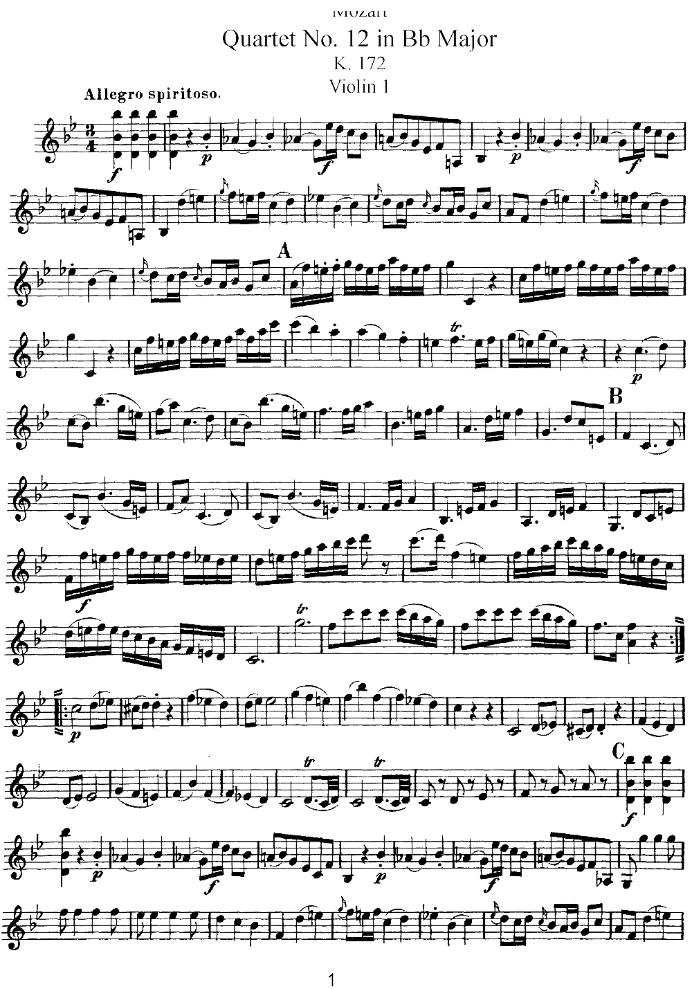 Mozart Quartet No 12 in Bb Major K 172 Violin 1(ʮ�ּ�����)1