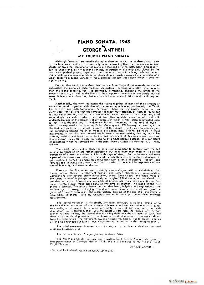 Antheil Piano Sonata No 4 Piano Sonata No 4(ʮ�ּ�����)1