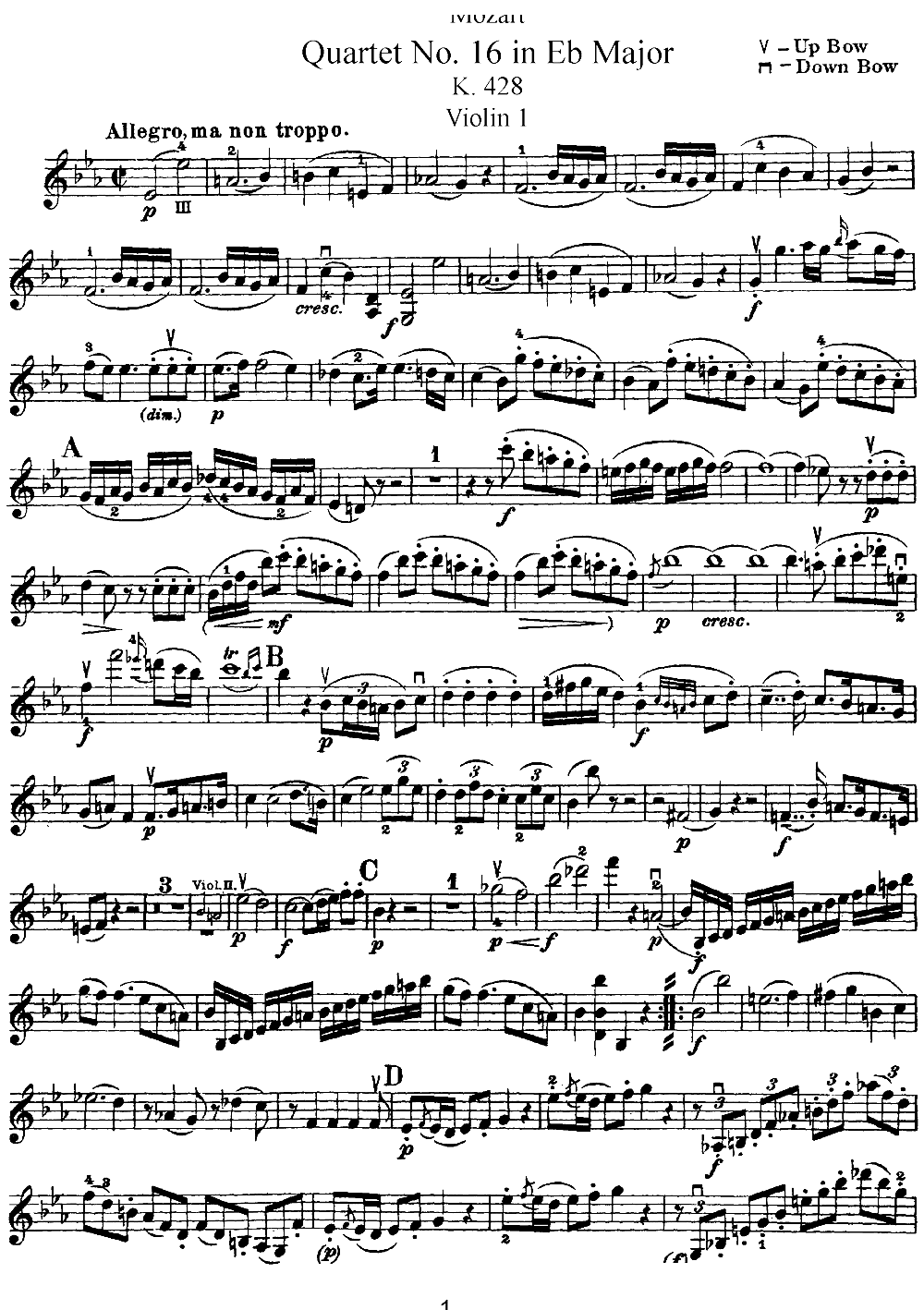 Mozart Quartet No 16 in Eb Major K 428 Violin 1(ʮ�ּ�����)1