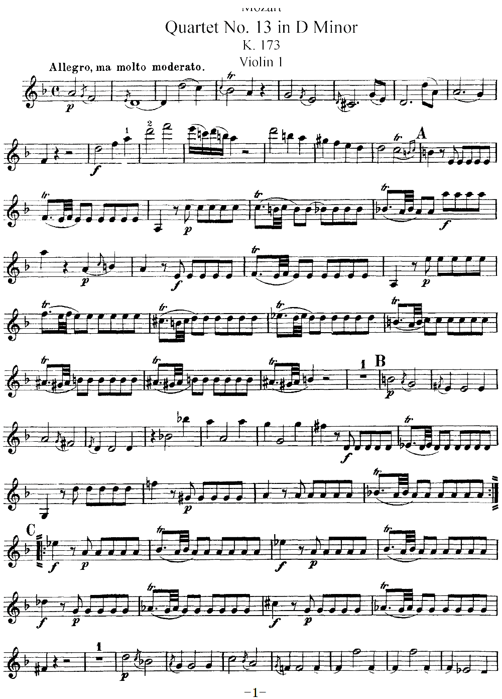 Mozart Quartet No 13 in D Minor K 173 Violin 1(ʮ�ּ�����)1